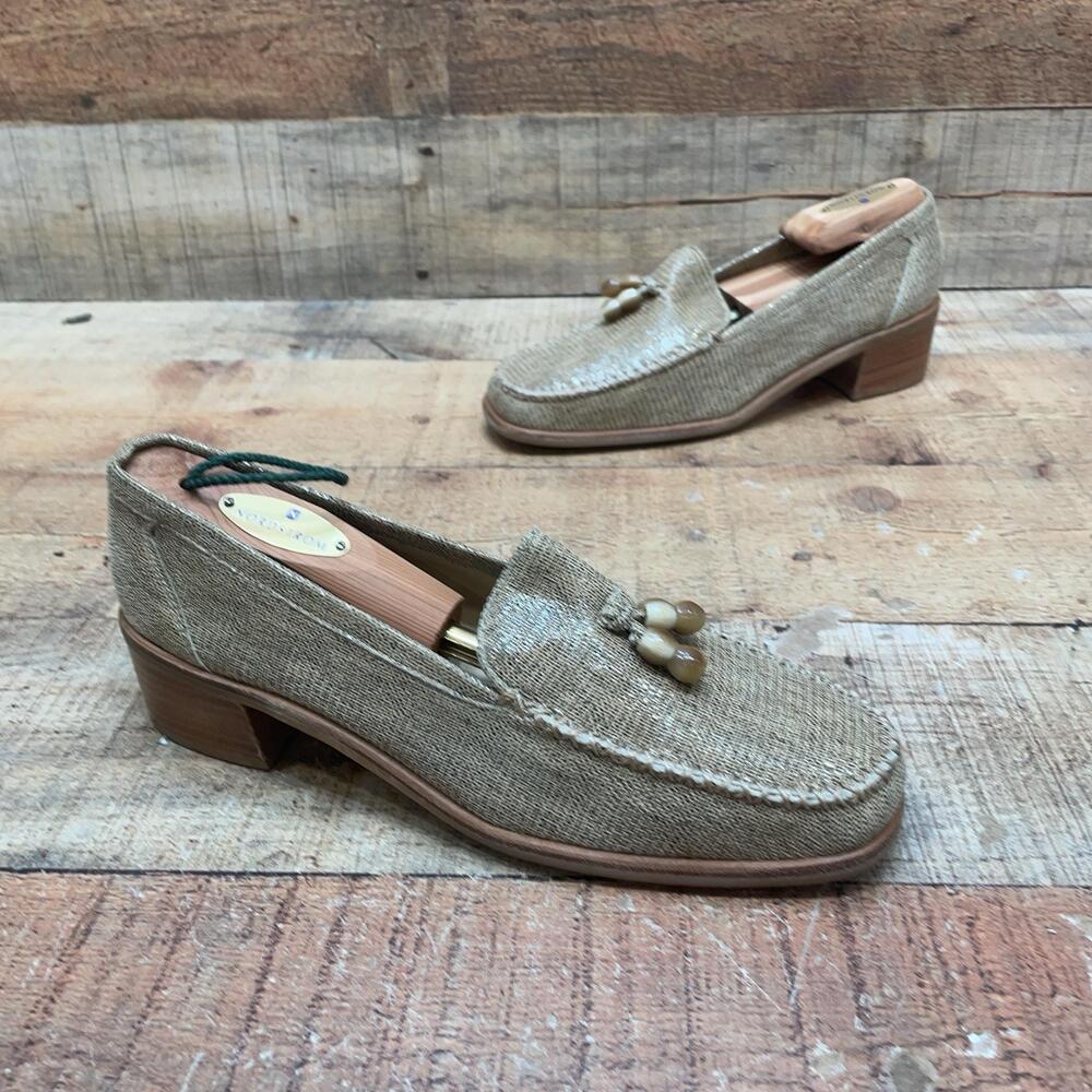 Stuart Weitzman Loafers Womens Size 7.5 38 Beige Linen Tassel Block Heel Shoes
